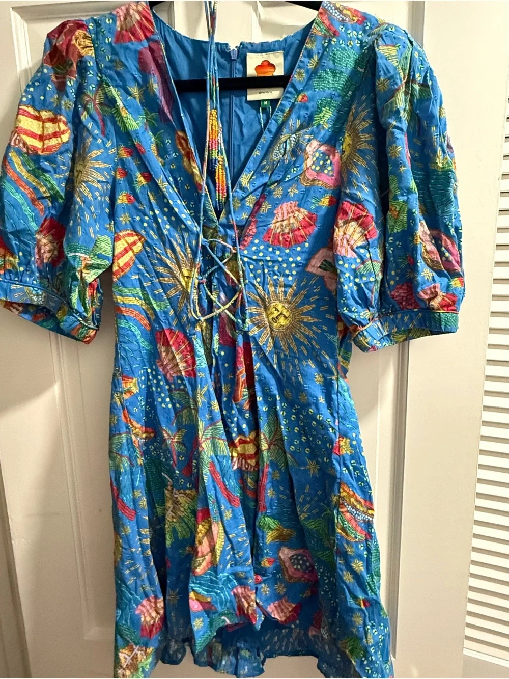 FARM Rio Blue Tropical Shell Lace-Up Cotton Top - Picture 4 of 10